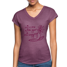 Load image into Gallery viewer, Miss Me With Your Misogyny V-Neck Women&#39;s Tee - Burgundy Lettering - heather plum