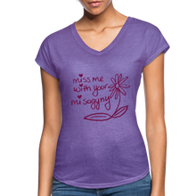 Load image into Gallery viewer, Miss Me With Your Misogyny V-Neck Women&#39;s Tee - Burgundy Lettering - purple heather