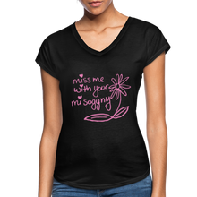 Load image into Gallery viewer, Miss Me With Your Misogyny Women&#39;s V-Neck - Pink Lettering - black
